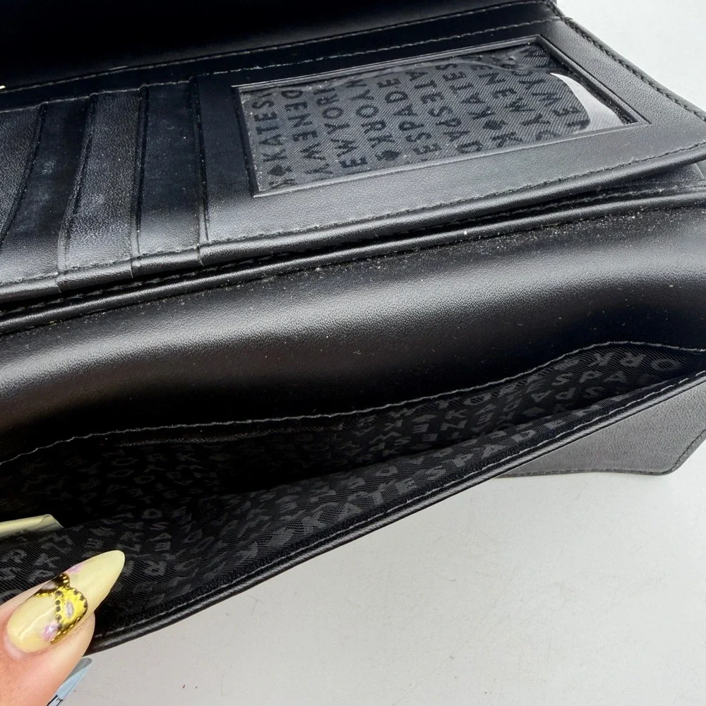 Kate Spade New York Black Pebbled Leather Flap Continental Long Wallet Gold Logo